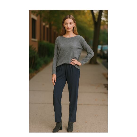 NWT Eileen Fisher Silk Georgette Crepe Slouchy Ankle Pants Navy Blue L - Picture 1 of 9